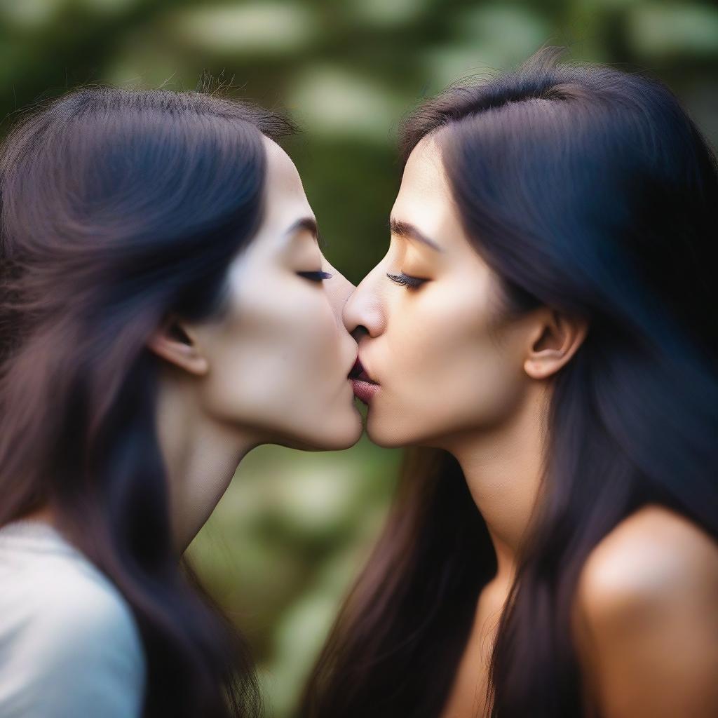 A photograph featuring two women with long dark hair sharing a kiss