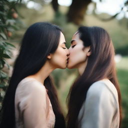 A photograph featuring two women with long dark hair sharing a kiss