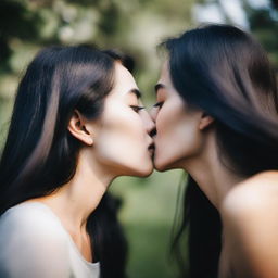 A photograph featuring two women with long dark hair sharing a kiss