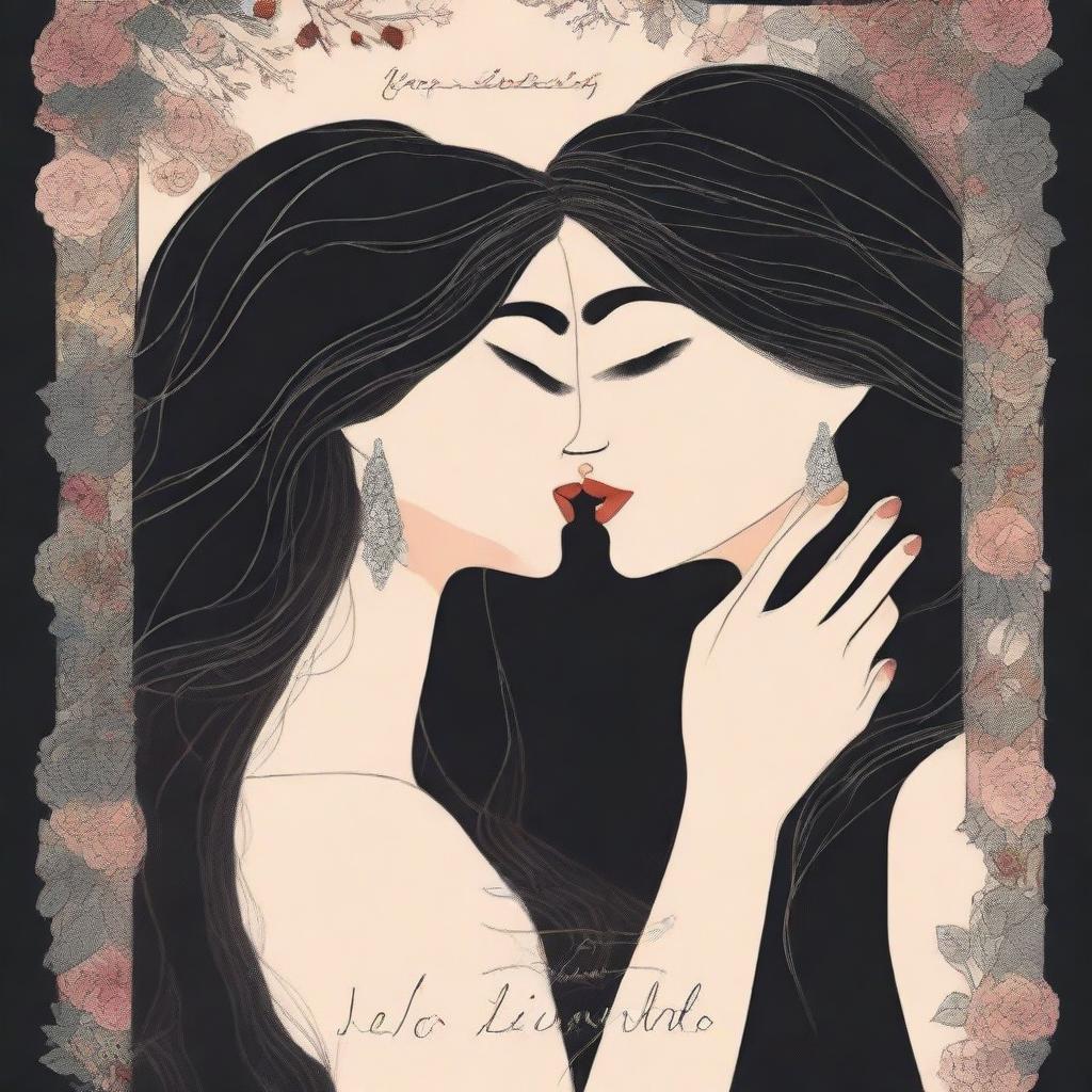 A captivating book cover featuring two women with long dark hair sharing a kiss