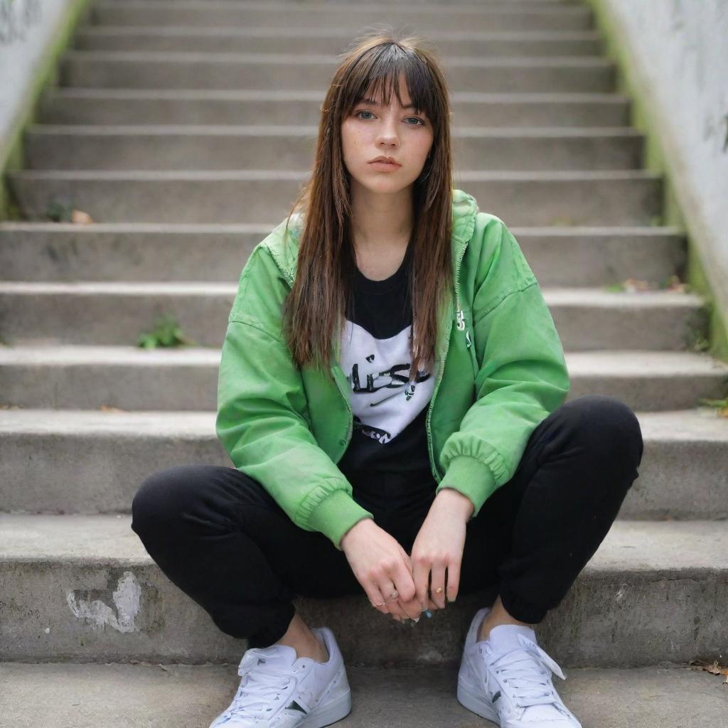 casual photograpy medium body, hip hop style clothes jacket, sneakers, female , 23 year old with green eyes and black long hai with withe streaks in the bangs .,freckles, selfo, graffiti background stairs, medium distance shot, 4k hd,  --styerw--v 5.2 ar 2-3