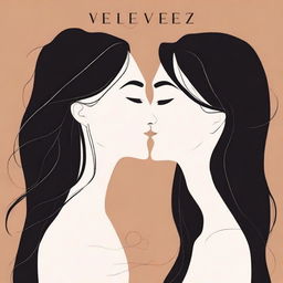 A minimalistic book cover featuring two women with long dark hair sharing a kiss