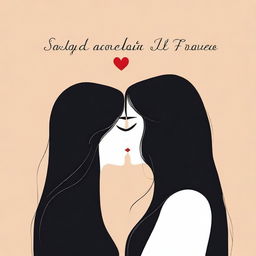 A minimalistic book cover featuring two women with long dark hair sharing a kiss