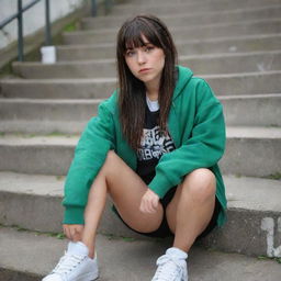 casual photograpy medium body, hip hop style clothes jacket, sneakers, female , 23 year old with green eyes and black long hai with withe streaks in the bangs .,freckles, selfo, graffiti background stairs, medium distance shot, 4k hd,  --styerw--v 5.2 ar 2-3