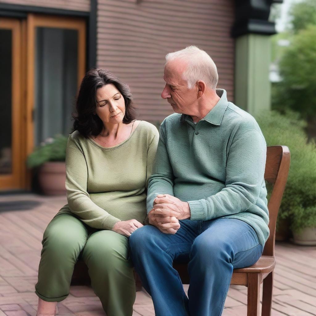 A 42-year-old Caucasian couple with dark hair is dressed casually and comforting each other during a stressful time