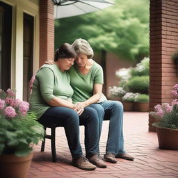 A 42-year-old Caucasian couple with dark hair is dressed casually and comforting each other during a stressful time