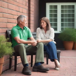 A 42-year-old Caucasian couple with dark hair is dressed casually and comforting each other during a stressful time