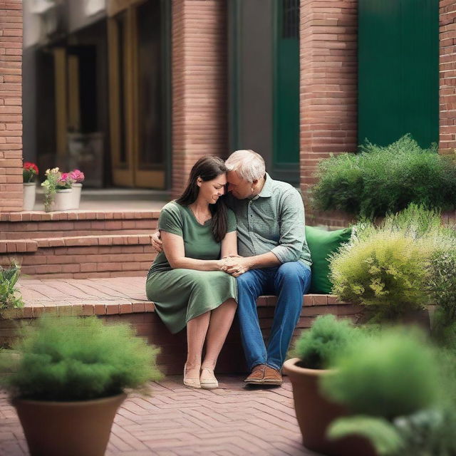 A 42-year-old Caucasian couple with dark hair is dressed casually and comforting each other during a stressful time