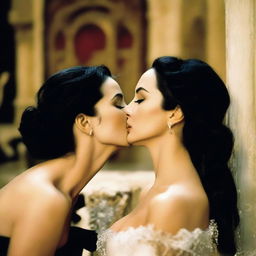 A striking image of Monica Bellucci sharing a kiss with another woman