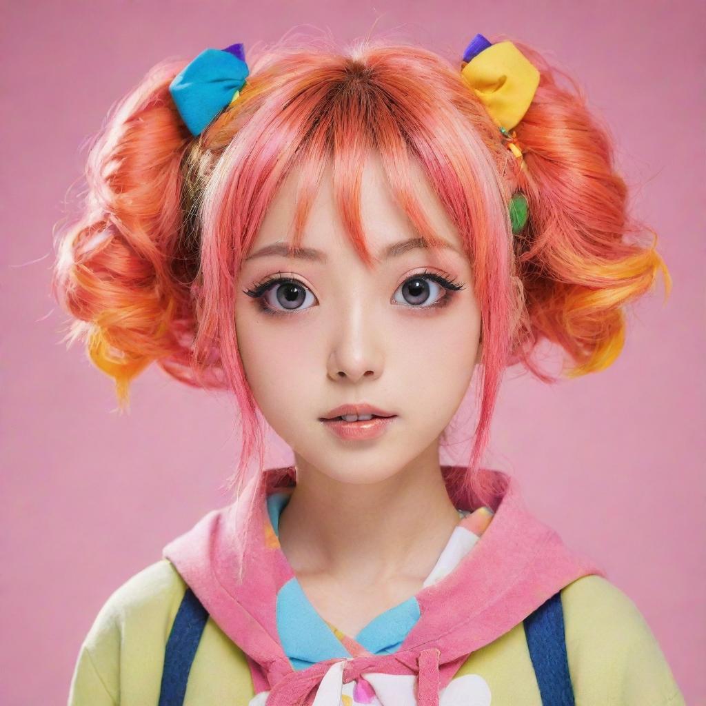 A vibrant Japanese anime girl with large expressive eyes, styled hairs, and a youthful, colorful outfit