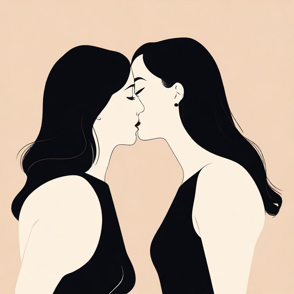 A minimalistic illustration featuring Monica Bellucci sharing a kiss with another woman