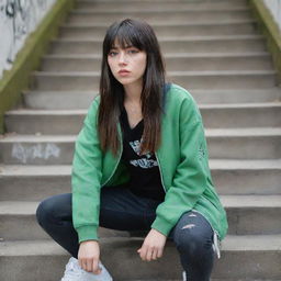 casual photograpy medium body, hip hop style clothes jacket, sneakers, female , 23 year old with green eyes and black long hai with withe streaks in the bangs .,freckles, selfo, graffiti background stairs, medium distance shot, 4k hd,  --styerw--v 5.2 ar 2-3