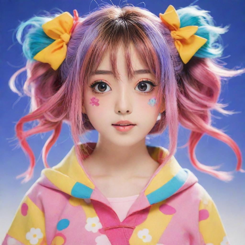 A vibrant Japanese anime girl with large expressive eyes, styled hairs, and a youthful, colorful outfit