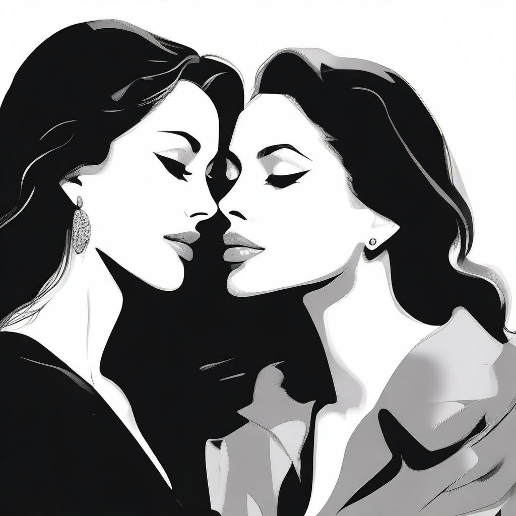 A black and white illustration featuring Monica Bellucci and Angelina Jolie being in love