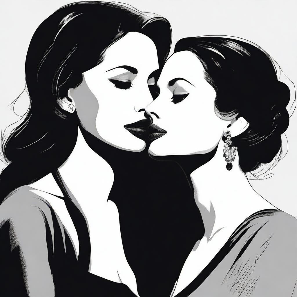 A black and white illustration featuring Monica Bellucci and Angelina Jolie being in love