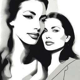 A black and white illustration featuring Monica Bellucci and Angelina Jolie being in love