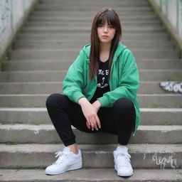 casual photograpy medium body, hip hop style clothes jacket, sneakers, female , 23 year old with green eyes and black long hai with withe streaks in the bangs .,freckles, selfo, graffiti background stairs, medium distance shot, 4k hd,  --styerw--v 5.2 ar 2-3