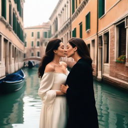 A romantic scene featuring Monica Bellucci and Angelina Jolie being in love in Venice