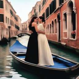 A romantic scene featuring Monica Bellucci and Angelina Jolie being in love in Venice