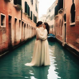 A romantic scene featuring Monica Bellucci and Angelina Jolie being in love in Venice