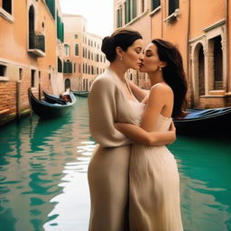 A romantic scene featuring Monica Bellucci and Angelina Jolie being in love in Venice