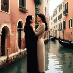 A romantic scene featuring Monica Bellucci, wearing a stylish suit, and Angelina Jolie being in love in Venice