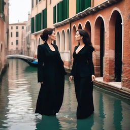 A romantic scene featuring Monica Bellucci, wearing a stylish suit, and Angelina Jolie being in love in Venice