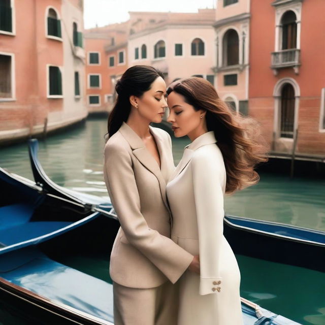 A romantic scene featuring Monica Bellucci, wearing a stylish suit, and Angelina Jolie being in love in Venice