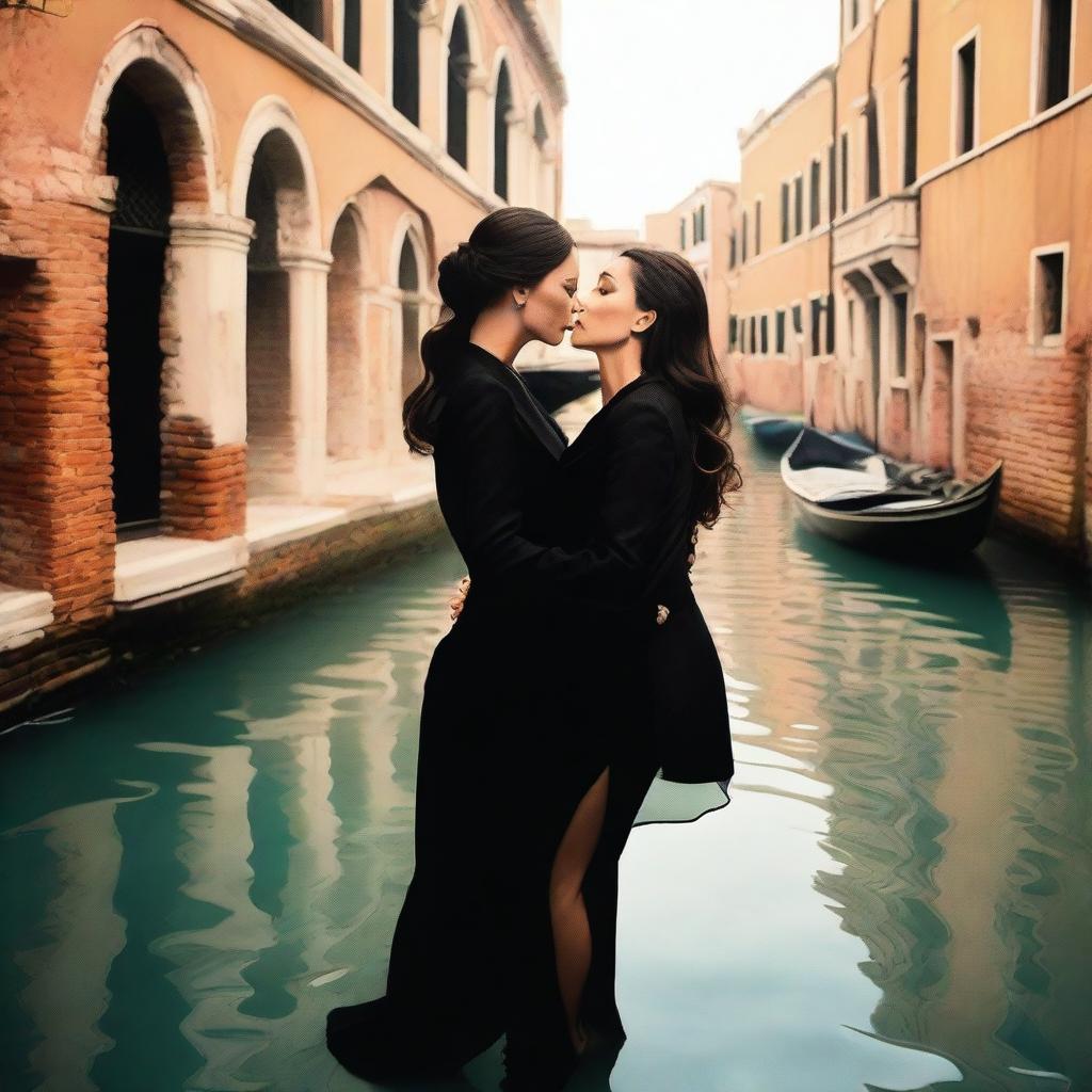 A romantic scene in Venice featuring Monica Bellucci wearing a stylish suit and Angelina Jolie