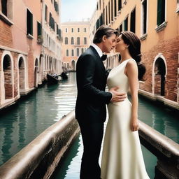 A romantic scene in Venice featuring Monica Bellucci wearing a stylish suit and Angelina Jolie