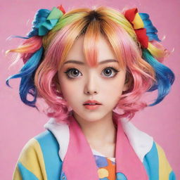 A vibrant Japanese anime girl with large expressive eyes, styled hairs, and a youthful, colorful outfit