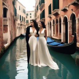 A romantic scene in Venice featuring Monica Bellucci wearing a stylish suit and Angelina Jolie