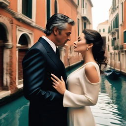 A romantic scene in Venice featuring Monica Bellucci wearing a stylish suit and Angelina Jolie