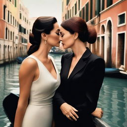 A romantic scene in Venice featuring Monica Bellucci wearing a stylish suit and Angelina Jolie