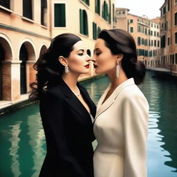 A romantic scene in Venice featuring Monica Bellucci wearing a stylish suit and Angelina Jolie