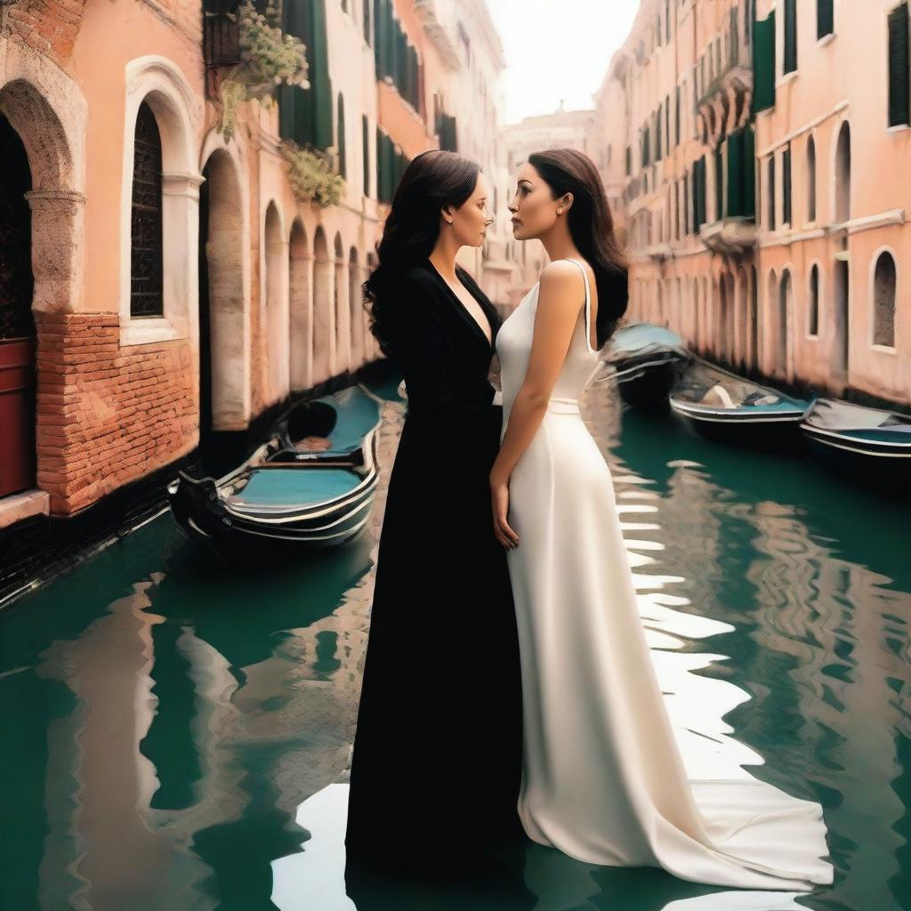 A romantic scene in Venice featuring Monica Bellucci wearing a stylish suit and Angelina Jolie