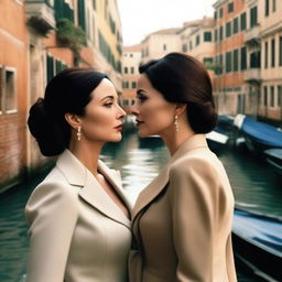 Monica Bellucci, dressed in a stylish suit, and Angelina Jolie, standing together in Venice