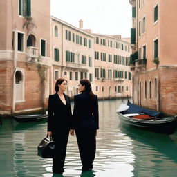 Monica Bellucci, dressed in a stylish suit, and Angelina Jolie, standing together in Venice