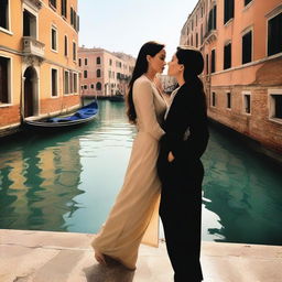 Monica Bellucci, dressed in a stylish suit, and Angelina Jolie, standing together in Venice