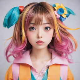 A vibrant Japanese anime girl with large expressive eyes, styled hairs, and a youthful, colorful outfit