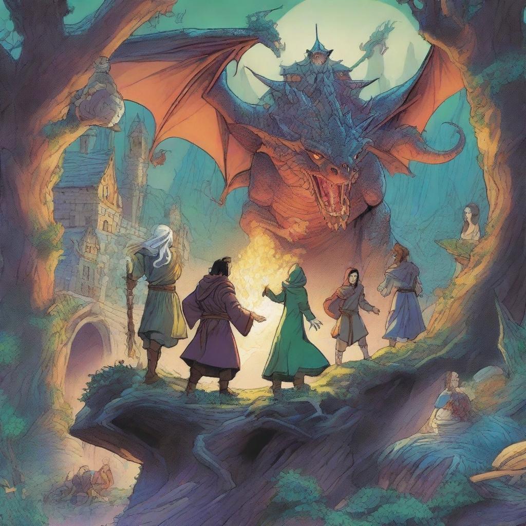 A captivating fantasy graphic novel cover featuring a mix of intriguing characters such as wizards, elves, and dragons, set against a dynamic and magical background