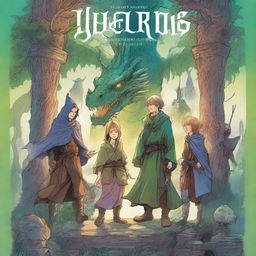 A captivating fantasy graphic novel cover featuring a mix of intriguing characters such as wizards, elves, and dragons, set against a dynamic and magical background