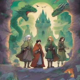 A captivating fantasy graphic novel cover featuring a mix of intriguing characters such as wizards, elves, and dragons, set against a dynamic and magical background