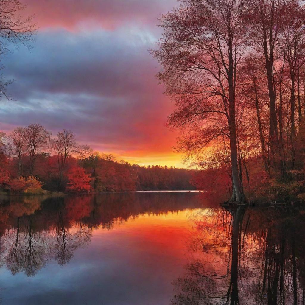 An enchanting sunset over a serene lake, the sky painted with brilliant hues of red, orange and gold, the calm water reflecting the vibrant colors. Tall, shadowy trees frame the scene.