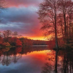 An enchanting sunset over a serene lake, the sky painted with brilliant hues of red, orange and gold, the calm water reflecting the vibrant colors. Tall, shadowy trees frame the scene.