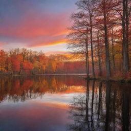 An enchanting sunset over a serene lake, the sky painted with brilliant hues of red, orange and gold, the calm water reflecting the vibrant colors. Tall, shadowy trees frame the scene.