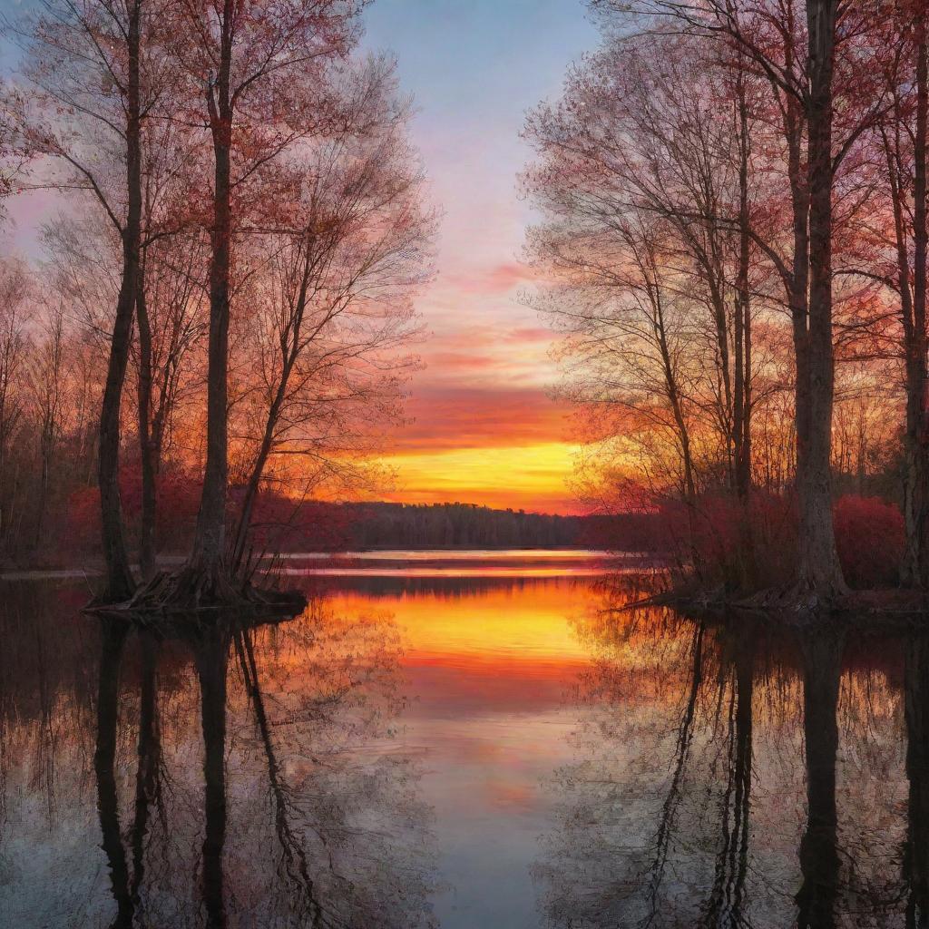 An enchanting sunset over a serene lake, the sky painted with brilliant hues of red, orange and gold, the calm water reflecting the vibrant colors. Tall, shadowy trees frame the scene.