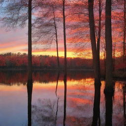 An enchanting sunset over a serene lake, the sky painted with brilliant hues of red, orange and gold, the calm water reflecting the vibrant colors. Tall, shadowy trees frame the scene.