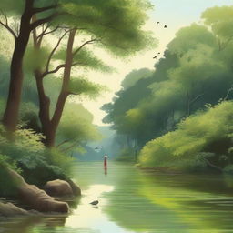 A serene landscape where a hidden figure is camouflaged among the trees and foliage