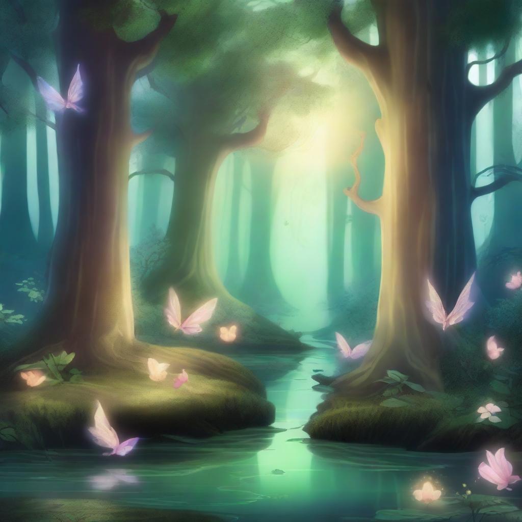 A magical forest filled with glowing fairies, sparkling streams, and enchanted trees